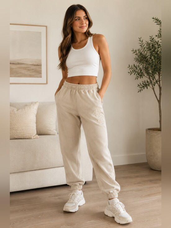 Ghanda Pants - Ghanda Beige Fleece Jogger Sweatpants